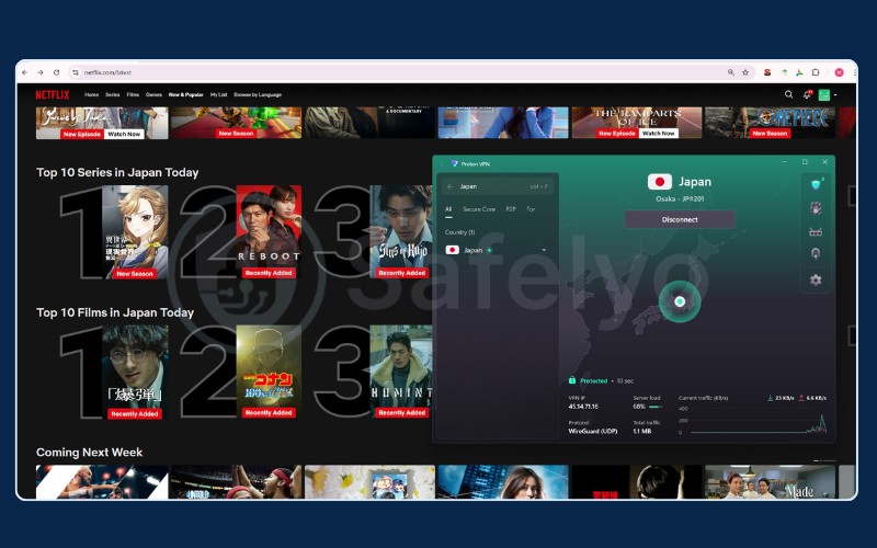 Proton VPN successfully unblocking Netflix JP