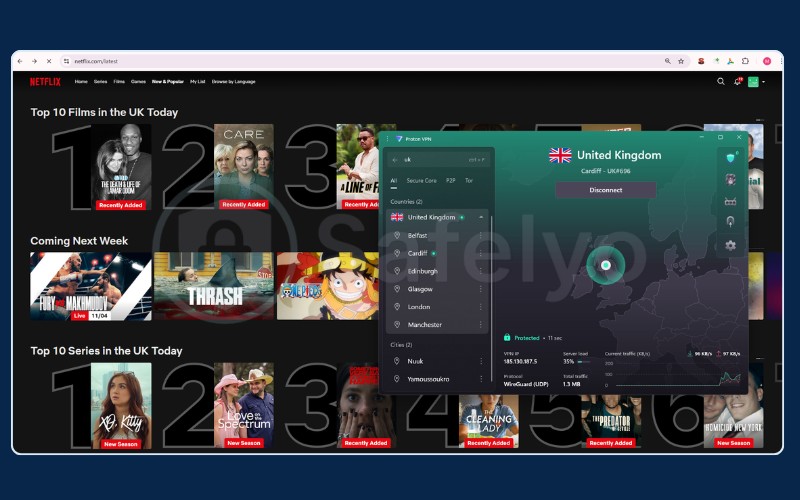 Proton VPN successfully unblocking Netflix UK