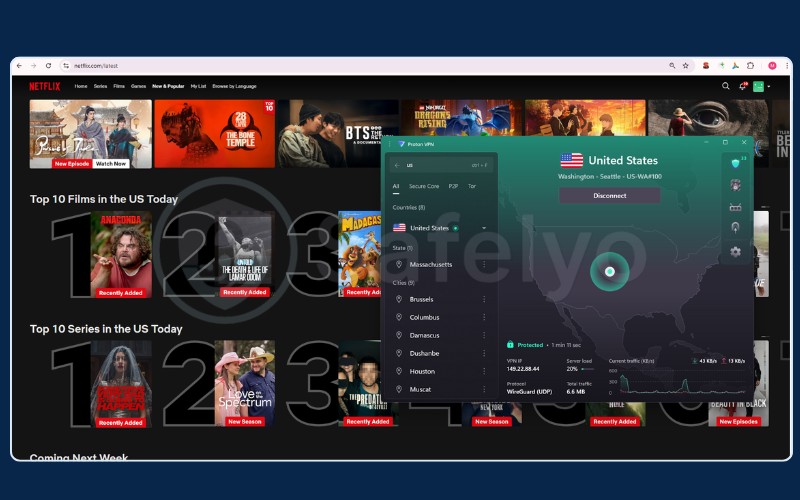 Proton VPN successfully unblocking Netflix US