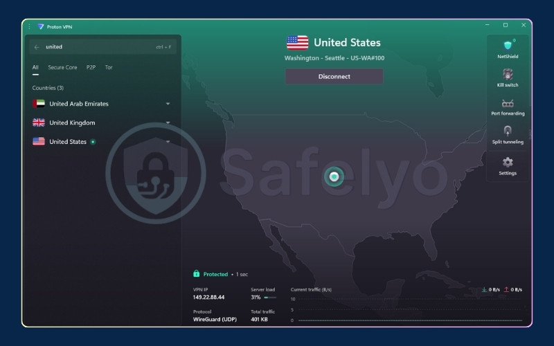 Proton VPN Windows application interface