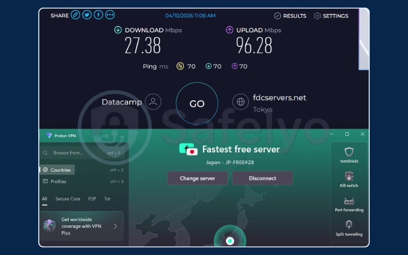 ProtonVPN speed test results on Japan free server