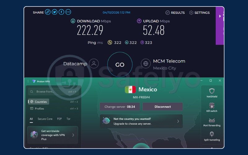 ProtonVPN speed test results on Mexico free server