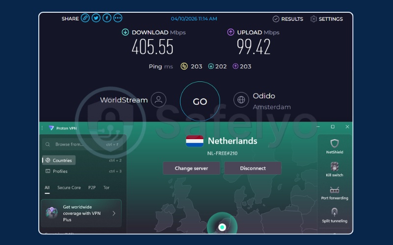 ProtonVPN speed test results on Netherlands free server