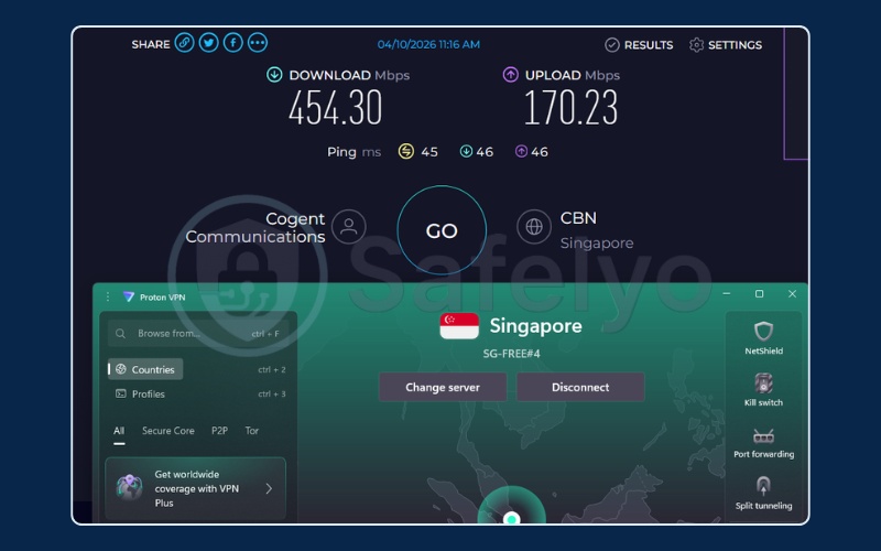 ProtonVPN speed test results on Singapore free server