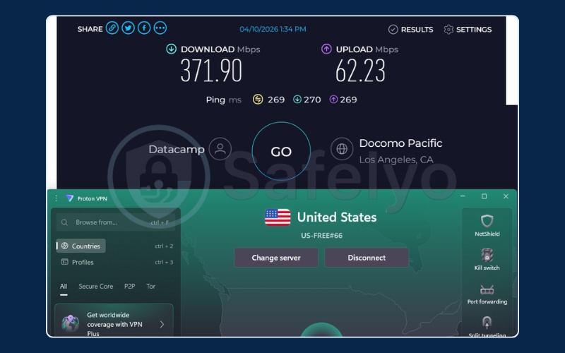 ProtonVPN speed test results on US free server