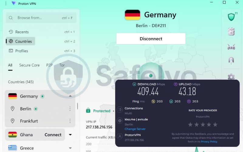 ProtonVPN speed test in Berlin server