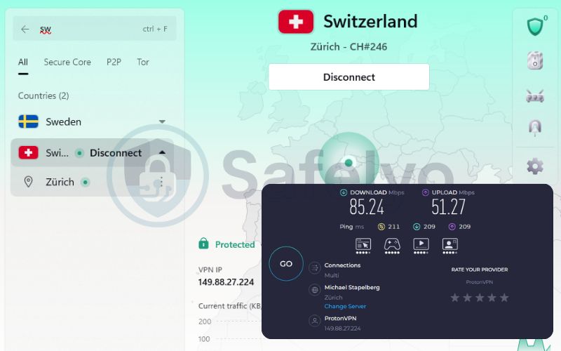ProtonVPN speed test in Zurich server