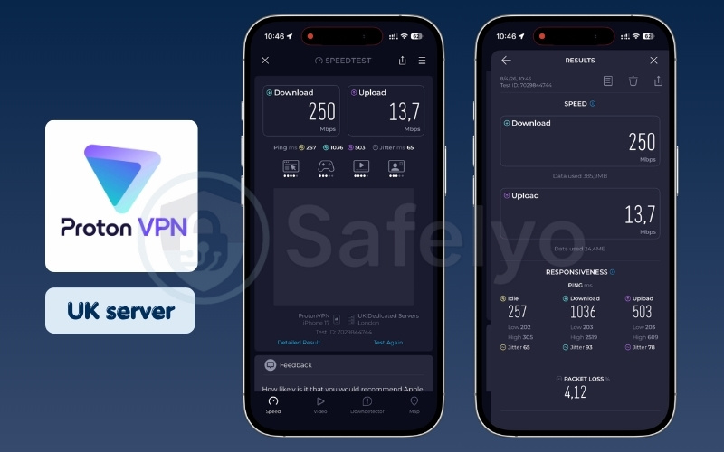 ProtonVPN mobile speed test results on UK server