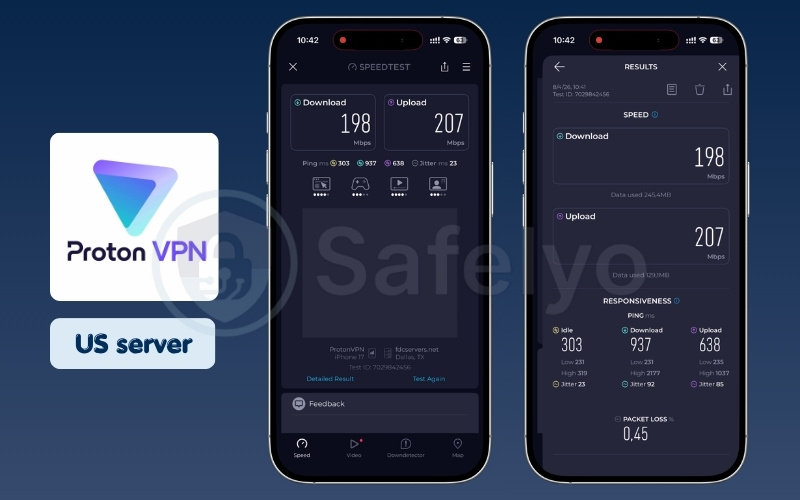 ProtonVPN mobile speed test results on US server