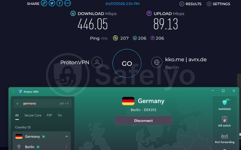 ProtonVPN speed test results on Germany server
