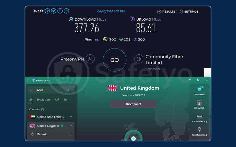 Speed testing ProtonVPN on a UK server