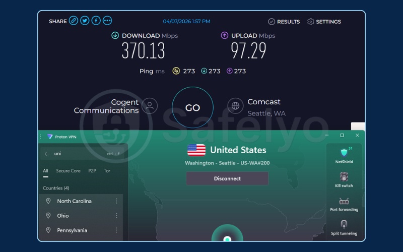 Speed testing ProtonVPN on a US server