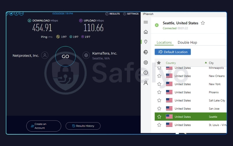 Speed test results for IPVanish on US server