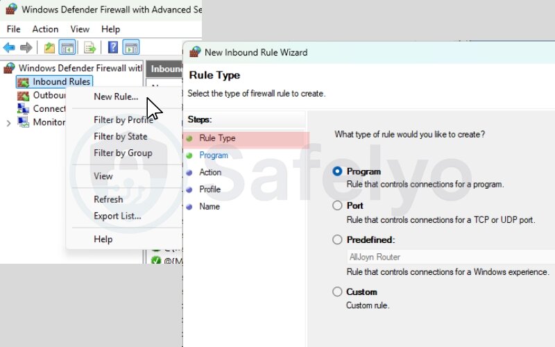 Right-click Inbound Rules or Outbound Rules > New Rule Right-click Inbound Rules or Outbound Rules > New Rule
