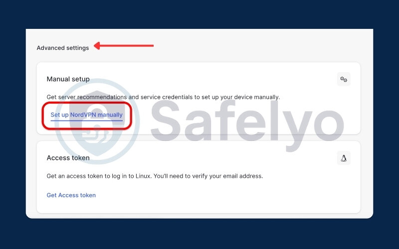 Scroll down to find Set up NordVPN manually section