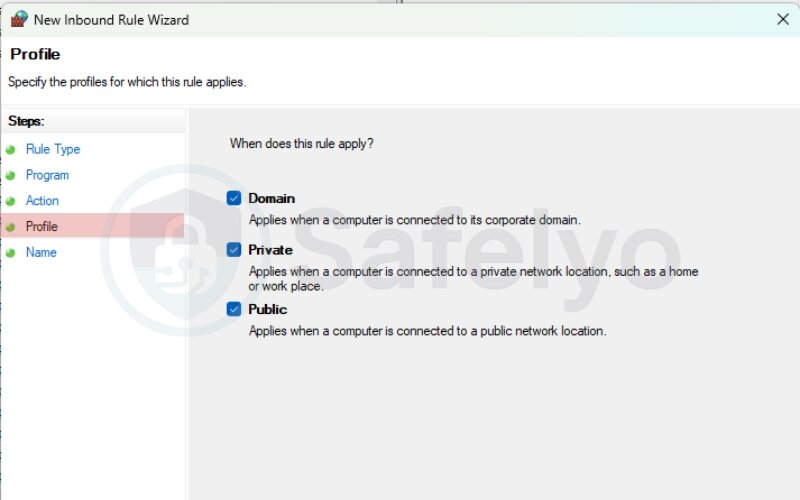 Select applicable profiles (Domain, Private, Public) Select applicable profiles (Domain, Private, Public)
