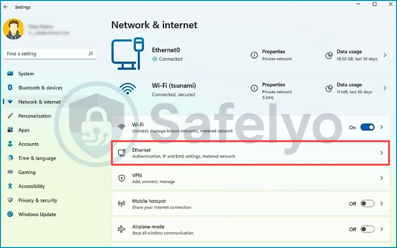 Select Ethernet in the Network & Internet section Select Ethernet in the Network & Internet section