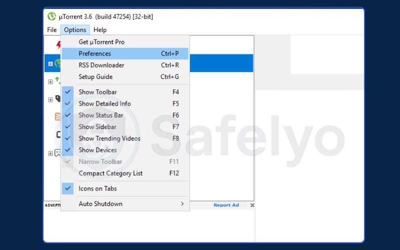 Selecting Options, Preferences, then Advanced in uTorrent