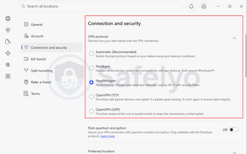 Selecting the NordWhisper protocol in the Connection and security menu