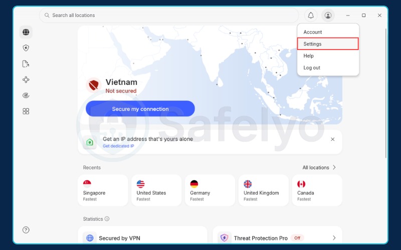 Selecting the settings icon in the NordVPN app