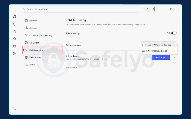 Selecting the split tunneling option in the NordVPN app