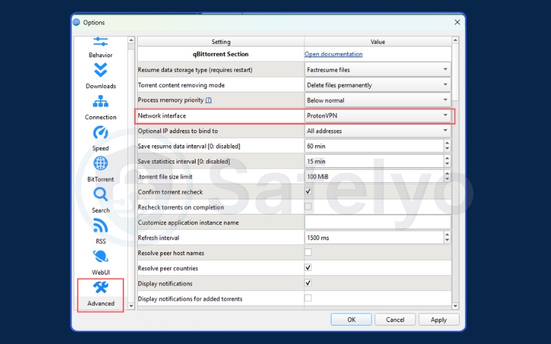 Selecting the VPN adapter from the Network Interface dropdown