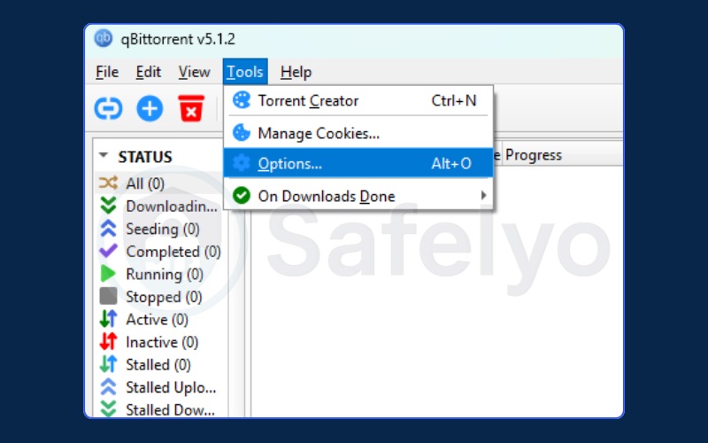 Selecting Tools then Options in qBittorrent
