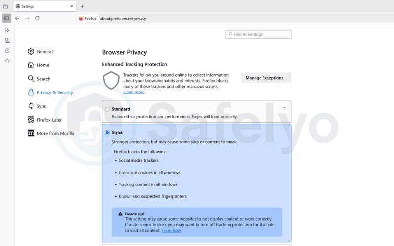 Set enhanced tracking protection to ‘strict’