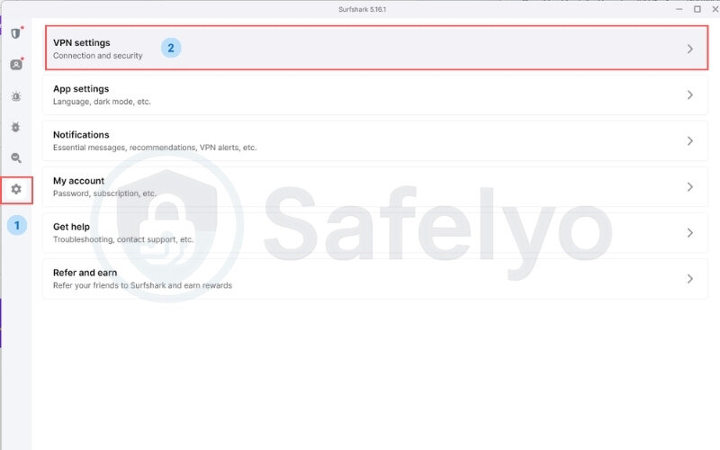 Open the Surfshark app, click on Settings in the side menu, and then go to the VPN settings tab.