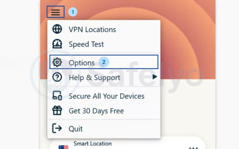 Open the ExpressVPN app and click the hamburger menu. then select Option
