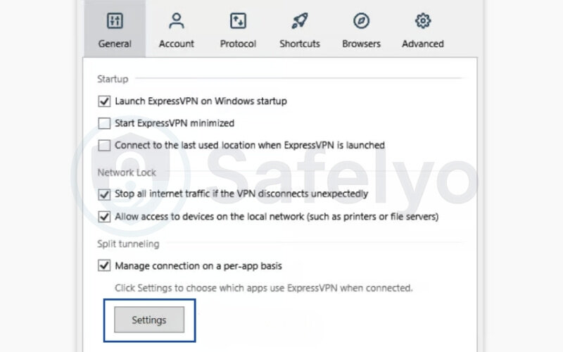 Under the General tab, you'll see a section for Split tunneling. Click the Settings button.