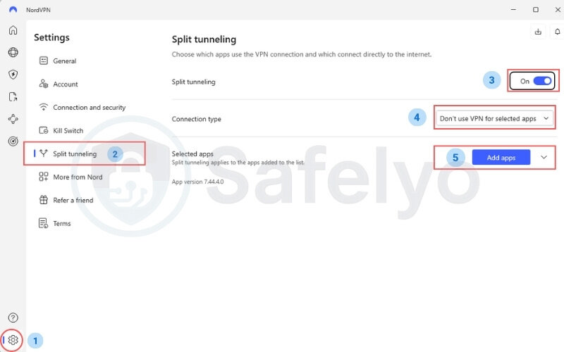 Setting split tunneling with NordVPN