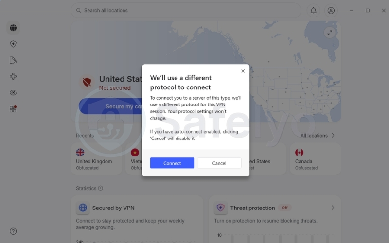 Simply click Connect to change to the appropriate connection protocol