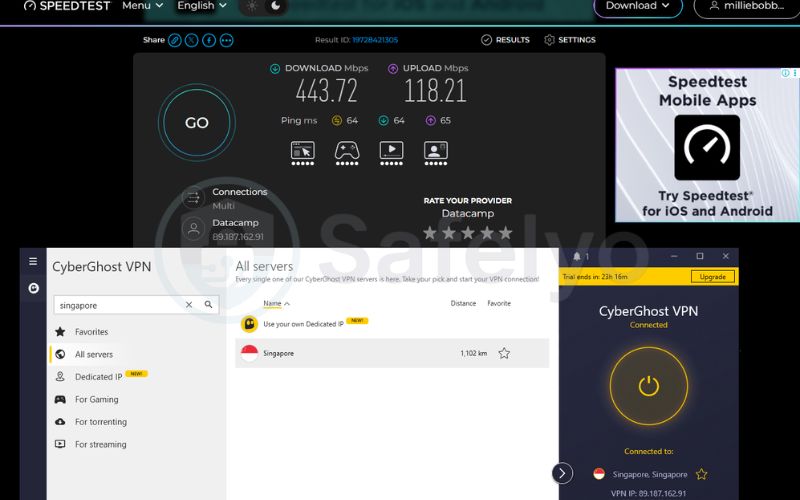 Speed test on CyberGhost VPN Singapore standard server