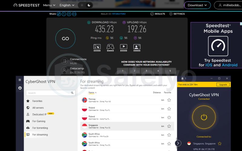 Speed test on CyberGhost VPN Singapore streaming server