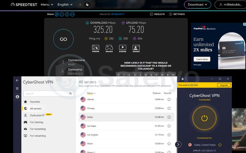 Speed test on CyberGhost VPN US standard server
