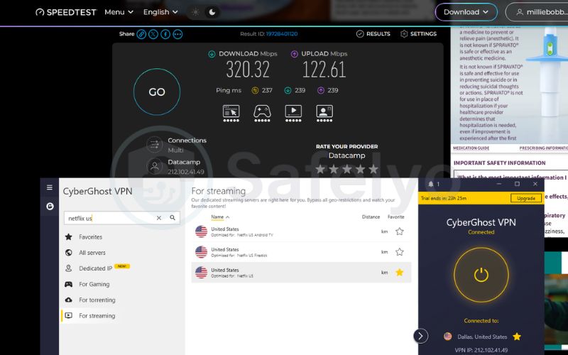 Speed test on CyberGhost VPN US streaming server