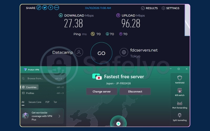 Speed test results for Proton VPN free Japan server