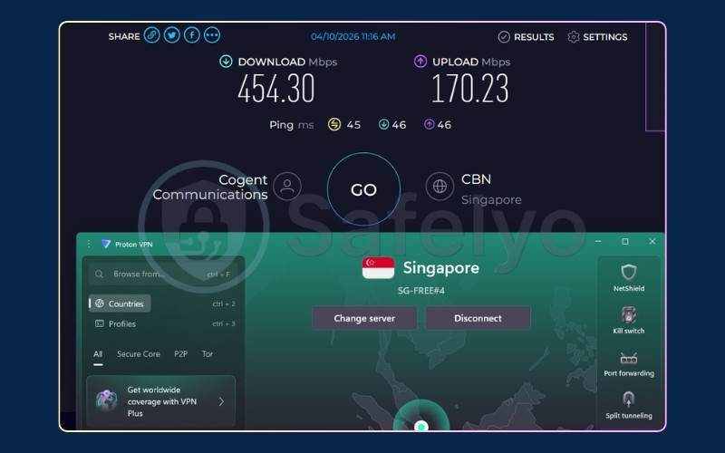 Speed test results for Proton VPN free Singapore server