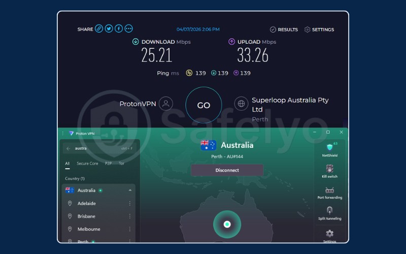 Speed test results for Proton VPN on Australia server