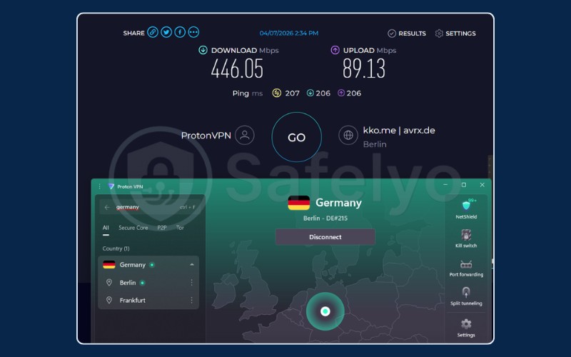Speed test results for Proton VPN on Germany server