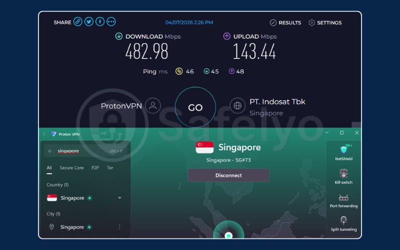 Speed test results for Proton VPN on Singapore server