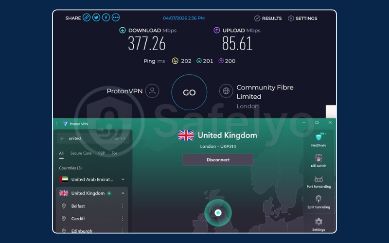 Speed test results for Proton VPN on UK London server