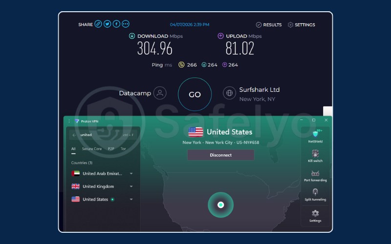 Speed test results for Proton VPN on US New York server
