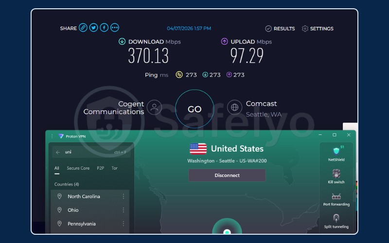 Speed test results for Proton VPN on US Seattle server