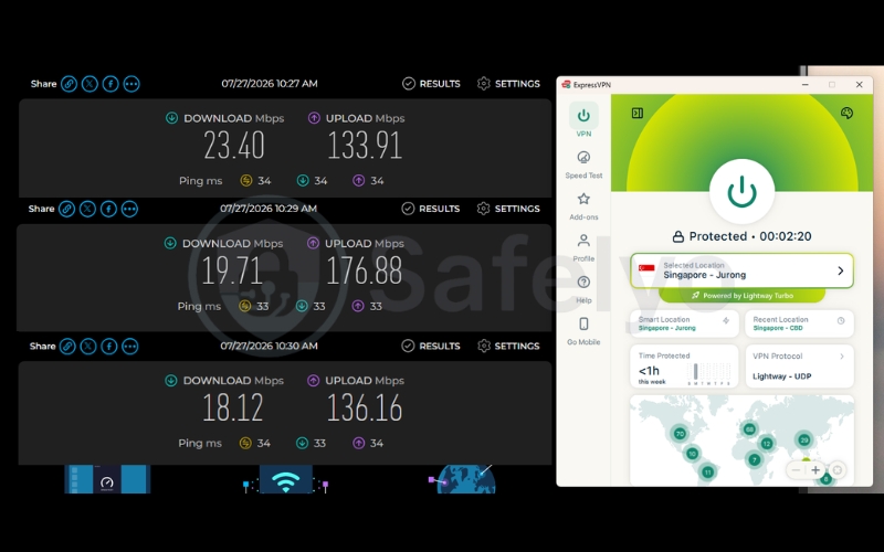 Speed test results of ExpressVPN on a Singapore server over 3 test runs
