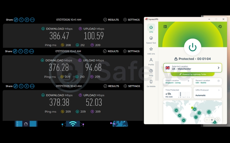 Speed test results of ExpressVPN on a UK server over 3 test runs