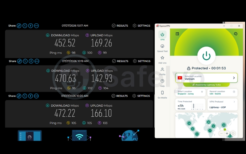 Speed test results of ExpressVPN on a Vietnam server over 3 test runs