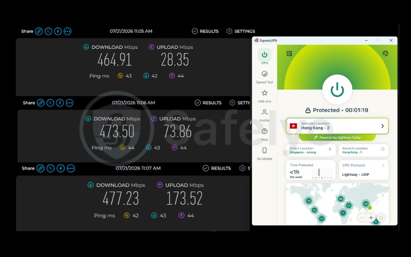 Speed test results of Lightway UDP on a Hong Kong server over 3 test runs