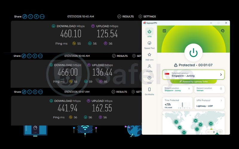 Speed test results of Lightway UDP on a Singapore server over 3 test runs
